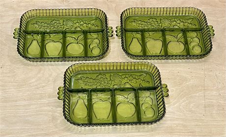 Vintage Green Indiana Carnival Glass Relish Trays (3)