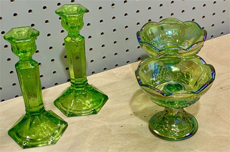 Vintage Green Glass Candlestick Holders (2) Indiana Carnival Glass Holders (2)