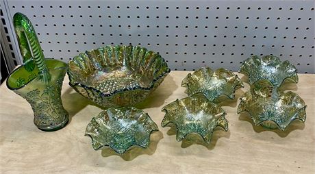 Vintage Imperial Green Carnival Glass Daisy Basket and Grape Berry Bowls