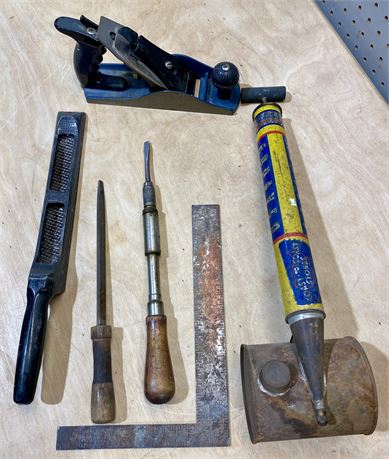 Vintage Tools Lot: Wood plane, Pesticide Sprayer, Surform File, Chisel, etc