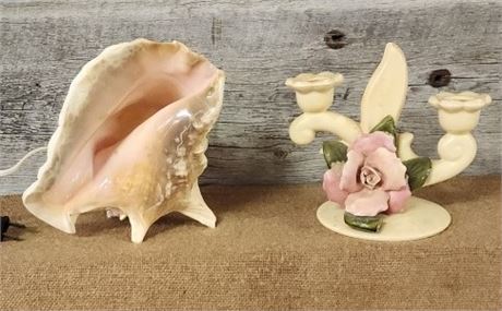 Cool Conch Table Lamp (works!) & Antique Candelabra