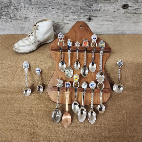 Vintage Collectible Spoons w/ Rack & Classic Collectible Baby Shoe