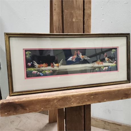 Vintage Framed Cock Fighting Print w/ Feathers - 17x8