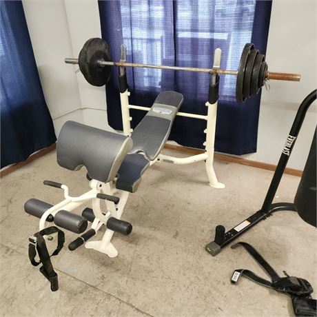 Iron Grip Weight Bench/Leg Press w/ Barbells & Plates