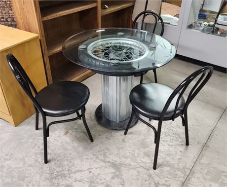 Cool Motorcycle Tire Glass Table for Mancave or Shop & 3 Chairs - 36" Diameter