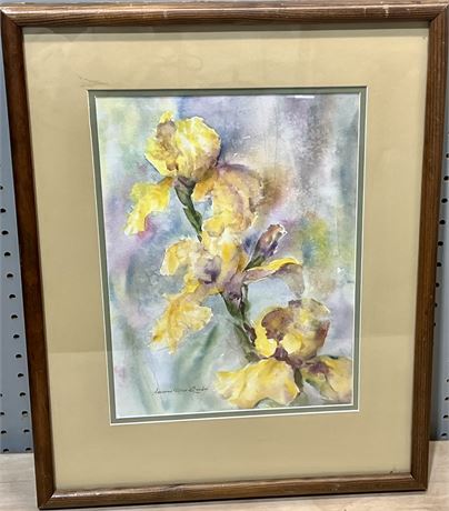 Yellow Iris Watercolor by Montana Artist Lavonne Rice Gordon Signed and Framed