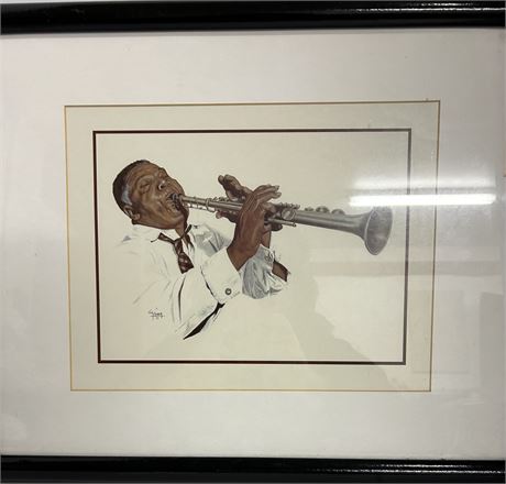 A painting of a musician, playing an instruments by Tom C Kinney