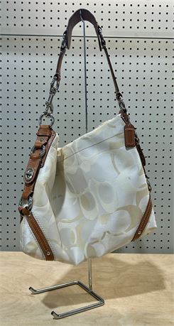 Coach Carly Cream Tan Signature Canvas Leather Trim Hobo Bag