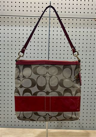 Coach Signature Brown Canvas with Red Patent Leather Shoulder Bag