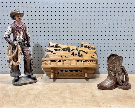 Western Decor Lot: Cowboy Figurine, Horses Hanging Shelf, Cowboy Boot Vase