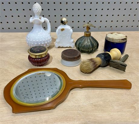 Antique Beauty/Cosmetics/Toiletries Lot: Mirror, Perfume Bottles, Shave Kit, etc