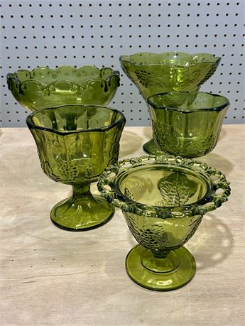 Antique Indiana Green Glass Compote Bowls/ Candy Dishes Lot of 5