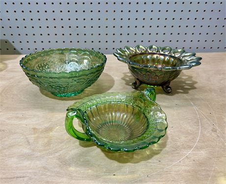 Antique Green Carnival Glass Bon Bon Dishes Lot of 3: Northwood, Imperial, etc