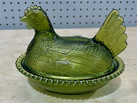 Antique Green Indiana Glass Hen on Nest Candy/Trinket Dish with Lid