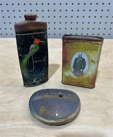 Antique Tins Lot: Prince Albert, Jonteel Talc, Chevrolet