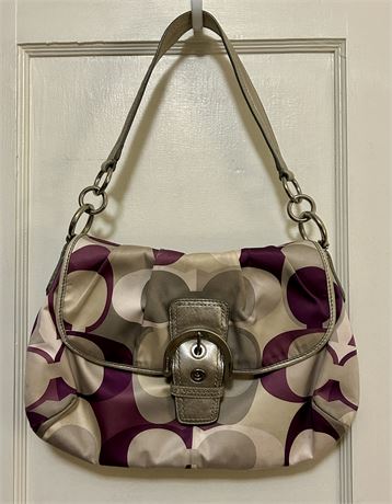 Coach Y2K Purple Multicolor Signature Nylon Flap Bag with Silver Leather Handle