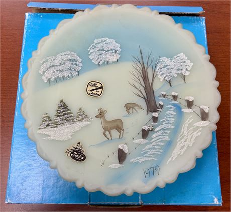 Fenton 8” Plate Hand-Painted Winter Deer Design 1979