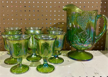 Antique Green Indiana Harvest Carnival Glass Pitcher with 8 Goblet Cups