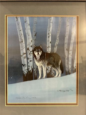 Beautiful painting of a wolf in the snowy woods by GALE RUNNING WOLF, Sr. ©️1992