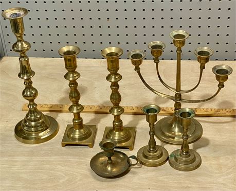 Brass Candlestick Holders and Candelabra Lot of 7