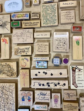 Wood Block Rubber Mounted Stamp Collection (81) Assorted Brands and Designs