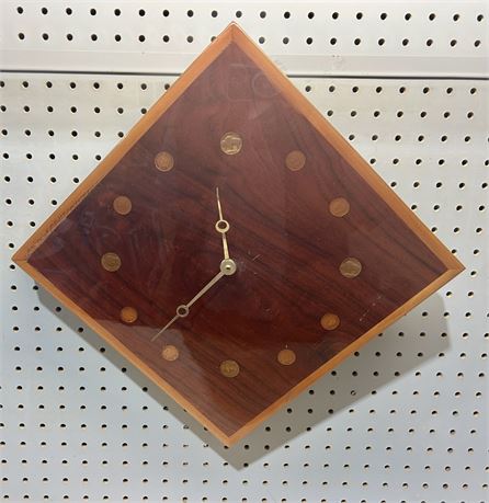 MCM Diamond Wood Wall Clock w/ Inlaid Buffalo Nickels