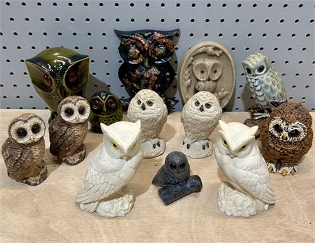 Owl Figurines Lot of 13 w/ Assorted Materials: Ceramic, Mt. St. Helens Ash, etc.