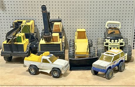 Vintage Tonka Trucks and Toy Cars Lot: Tractor, Excavator, Crane, etc.