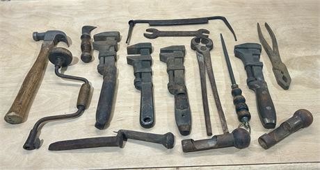 Antique Tools Lot: Monkey Wrenches, Hammer, Pliers, etc.