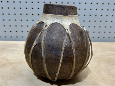 Tarahumara Clay Handmade Rawhide Wrapped Pottery Water Vessel/Vase Vintage