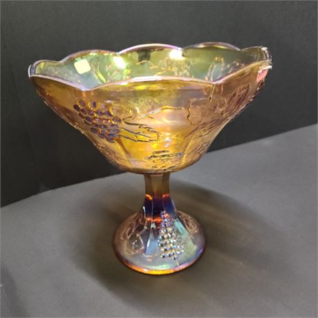 Vintage Amber Marigold CARNIVAL GLASS Compote Pedestal BOWL Iridescent Grapes