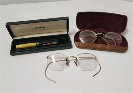 Antique Glasses Pair & Fountain Pen