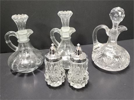 Antique Cut Glass Cruets + Salt & Pepper Shakers