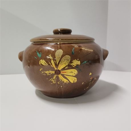 Vintage USA Pottery Bean Crock Pot/ Cookie Jar w/ Painted Flowers