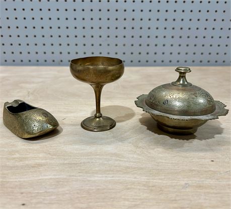 MCM Brass Lot of 3: Embossed Shoe Ashtray, Etched Trinket Dish, Replica Trophy