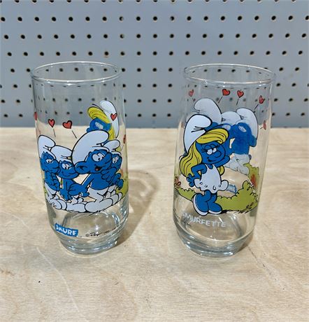 Smurfs and Smurfette 1982 Collector Drinking Glasses Pair