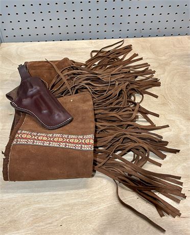 Vintage Triple K Brown Leather Holster and Suede Leather Fringe Rifle Sleeve