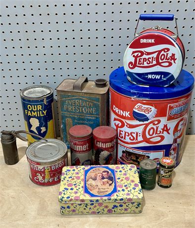 Vintage Tins Lot: Pepsi, Calumet, Eveready Preston’s, Hills Bros Coffee, etc.