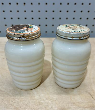 Bee Hive Milk Glass Salt and Pepper Shaker Set Antique