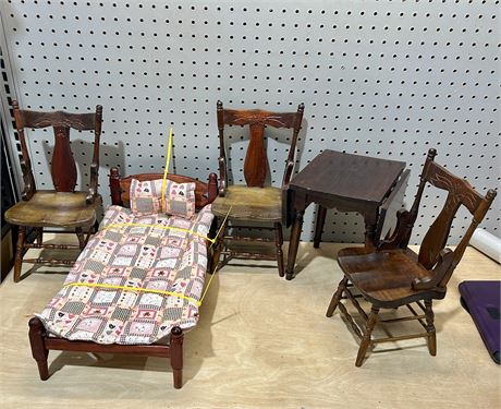 Antique Wood and Wicker Large Dollhouse Furniture Lot of 6 Pieces