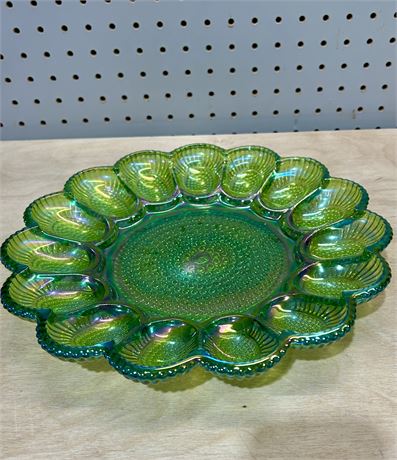 Indiana Carnival Glass Hobnail Iridescent Green Deviled Egg Plate