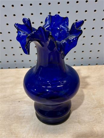 Old Hickory Glass Co. Cobalt Blue Ruffle Rim Handblown Glass Vase Vintage