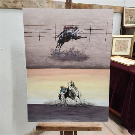 Original Bareback & Steer Wrestling Painting Pair By Jeremy Johnson - 24x16