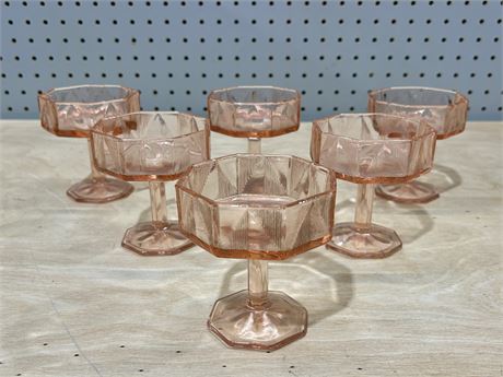 MCM Mckee “Tricia” Footed Sherbert Pink Optic Octagon Champagne Glasses Set of 6