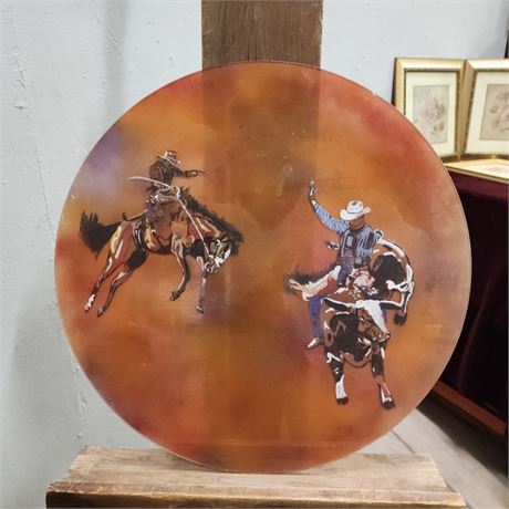 Original Bronc Riders on Glass Painting  - 19" Diameter