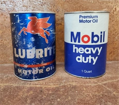 Vintage Sealed Lubrite & Mobil Oil Can Pair