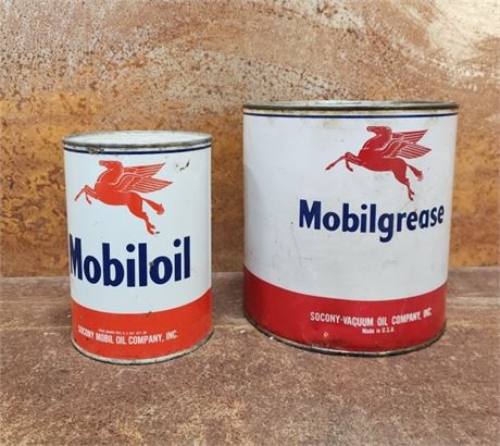 Vintage Sealed Mobil Oil & Grease Can Pair