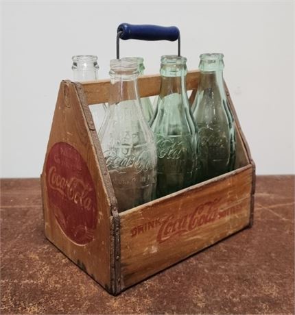 Vintage Wood Coca-Cola Bottle Caddy + Bottles