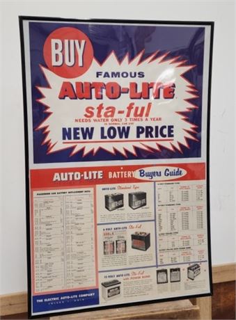 1930's-50's Auto-Lite Battery Application Framed Poster - 24x36