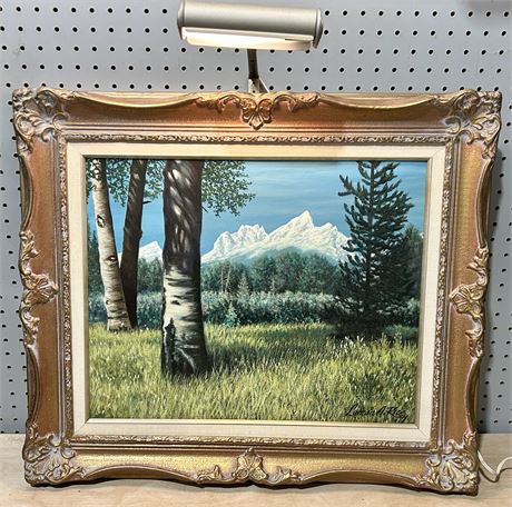 Mountain Landscape Oil Painting by Lyman A. Rice Signed Dated 1954 Lighted Frame